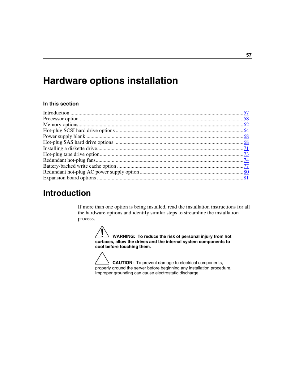 Hardware options installation, Introduction | HP ProLiant DL385 User Manual | Page 57 / 174