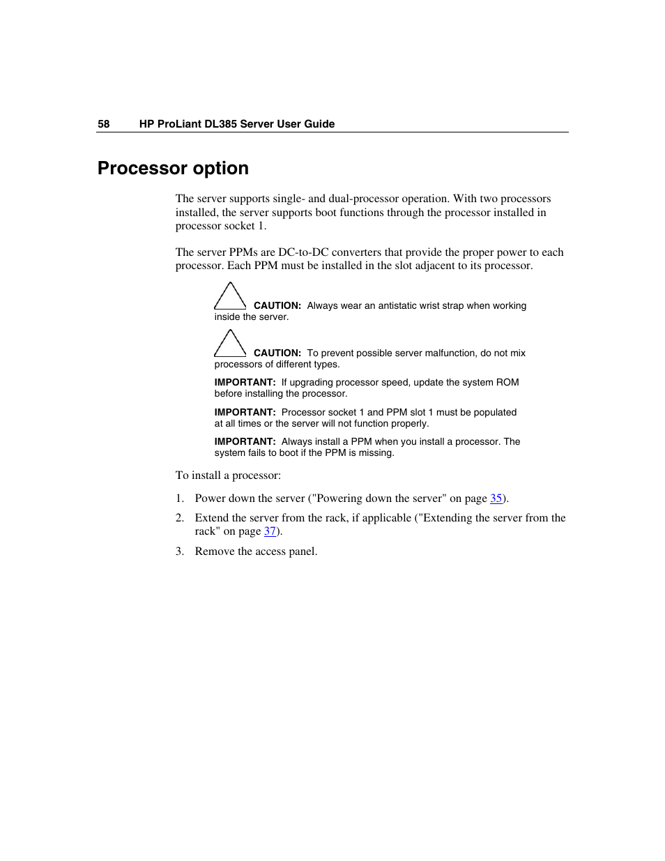 Processor option | HP ProLiant DL385 User Manual | Page 58 / 174