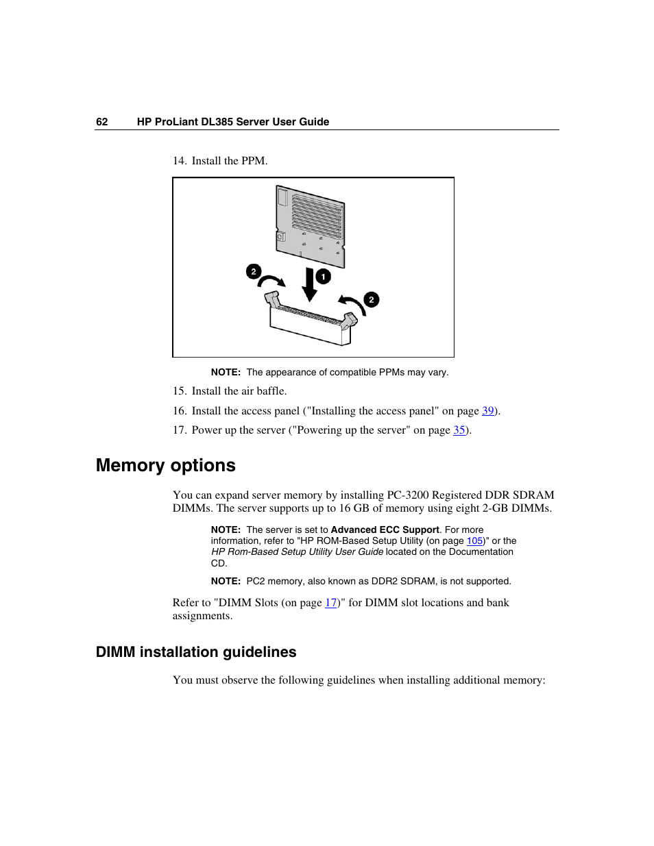 Memory options, Dimm installation guidelines | HP ProLiant DL385 User Manual | Page 62 / 174