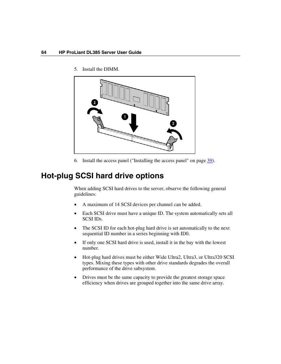 Hot-plug scsi hard drive options | HP ProLiant DL385 User Manual | Page 64 / 174