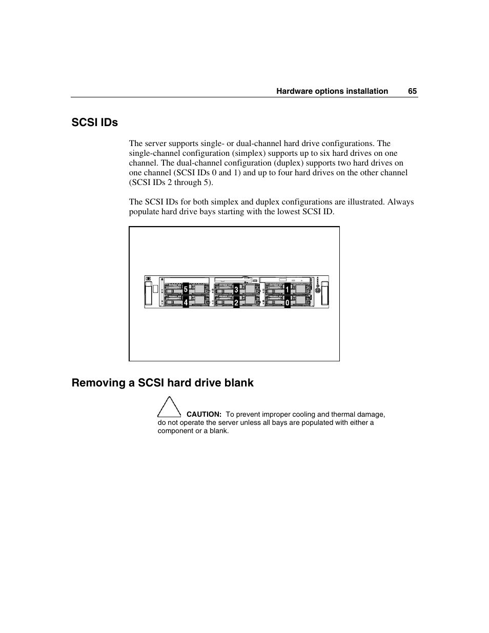 Scsi ids, Removing a scsi hard drive blank | HP ProLiant DL385 User Manual | Page 65 / 174