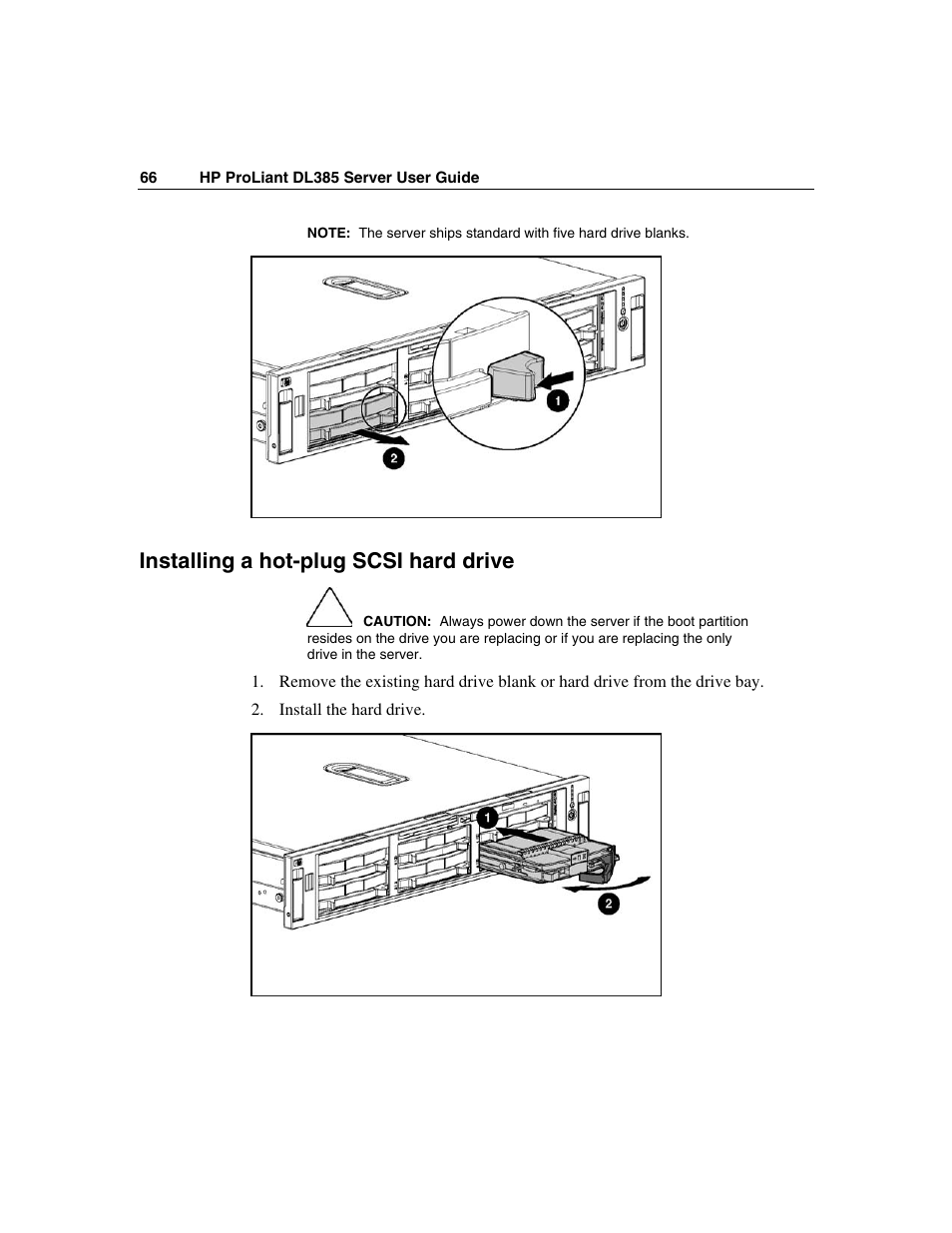 Installing a hot-plug scsi hard drive | HP ProLiant DL385 User Manual | Page 66 / 174