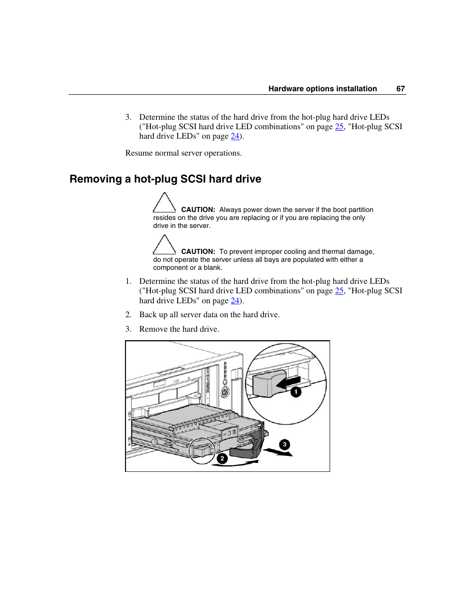 Removing a hot-plug scsi hard drive | HP ProLiant DL385 User Manual | Page 67 / 174