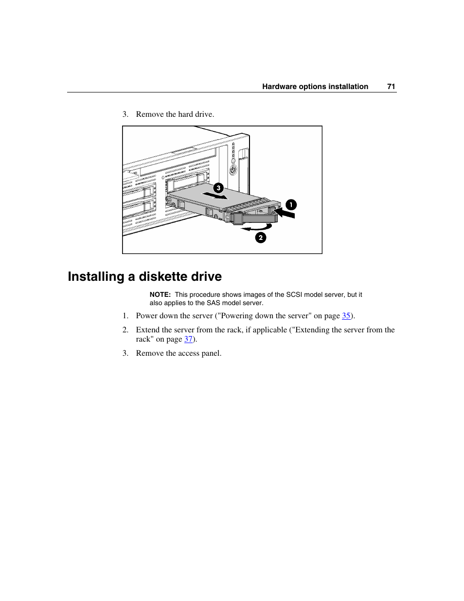 Installing a diskette drive | HP ProLiant DL385 User Manual | Page 71 / 174