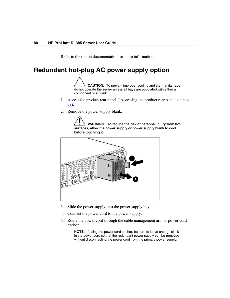 Redundant hot-plug ac power supply option | HP ProLiant DL385 User Manual | Page 80 / 174