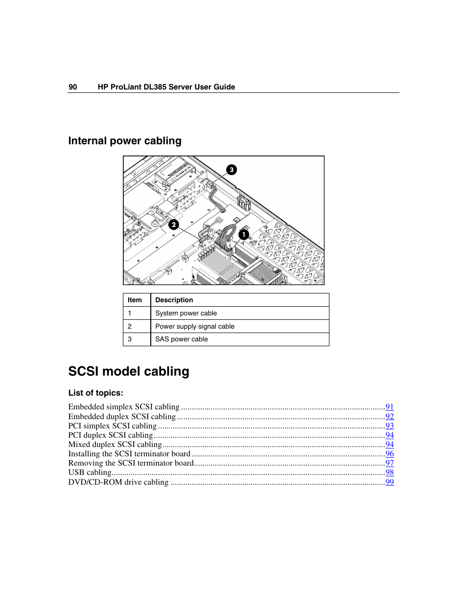 Internal power cabling, Scsi model cabling | HP ProLiant DL385 User Manual | Page 90 / 174