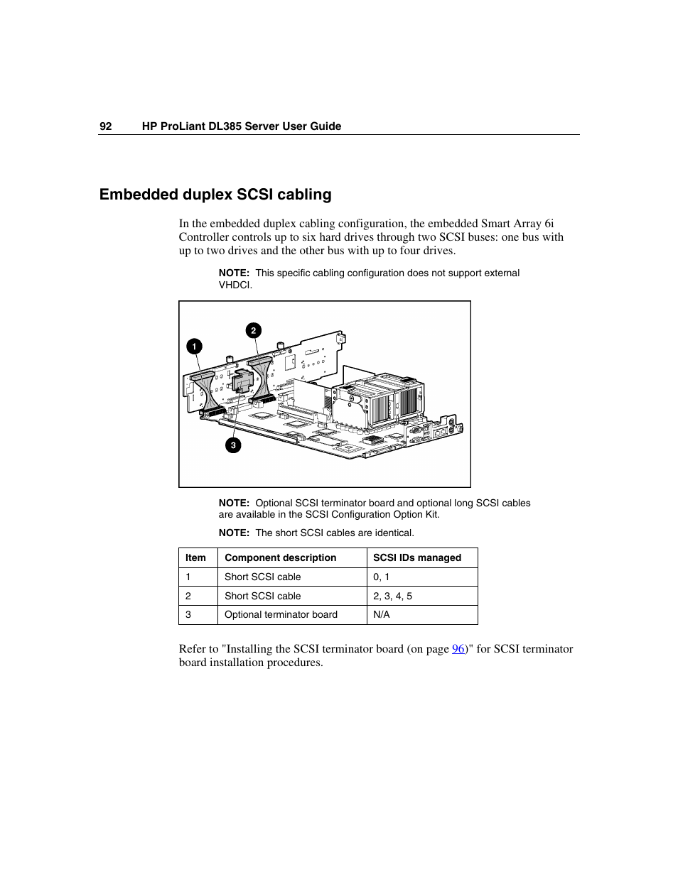 Embedded duplex scsi cabling | HP ProLiant DL385 User Manual | Page 92 / 174