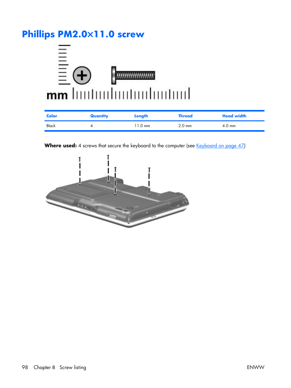 Phillips pm2.0×11.0 screw | HP TX1000 User Manual | Page 103 / 131