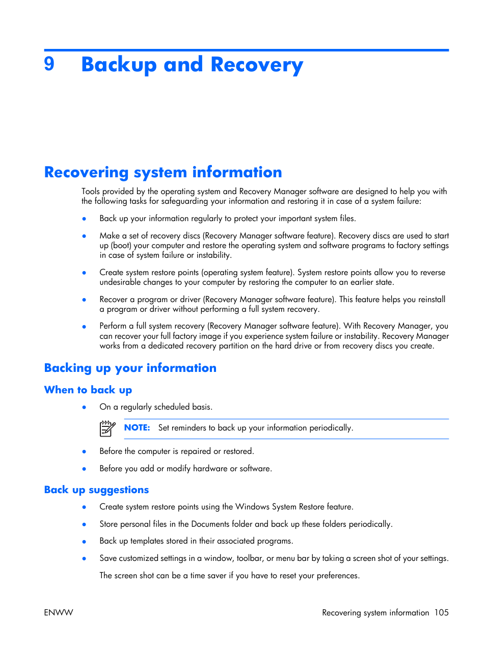 Backup and recovery, Recovering system information, Backing up your information | When to back up, Back up suggestions, 9backup and recovery | HP TX1000 User Manual | Page 109 / 131