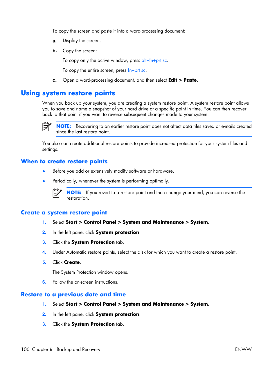 Using system restore points, When to create restore points, Create a system restore point | Restore to a previous date and time | HP TX1000 User Manual | Page 110 / 131