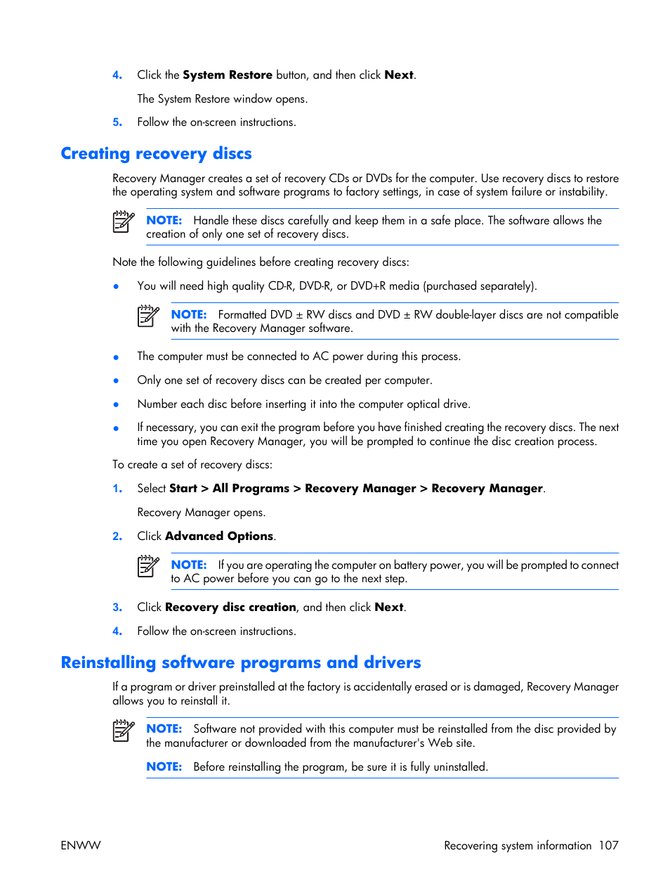 Creating recovery discs, Reinstalling software programs and drivers | HP TX1000 User Manual | Page 111 / 131