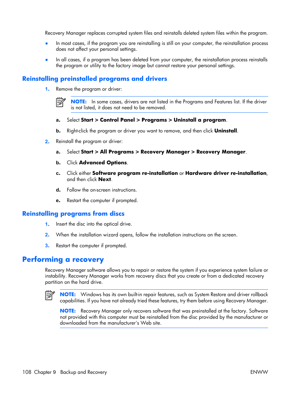 Reinstalling preinstalled programs and drivers, Reinstalling programs from discs, Performing a recovery | HP TX1000 User Manual | Page 112 / 131