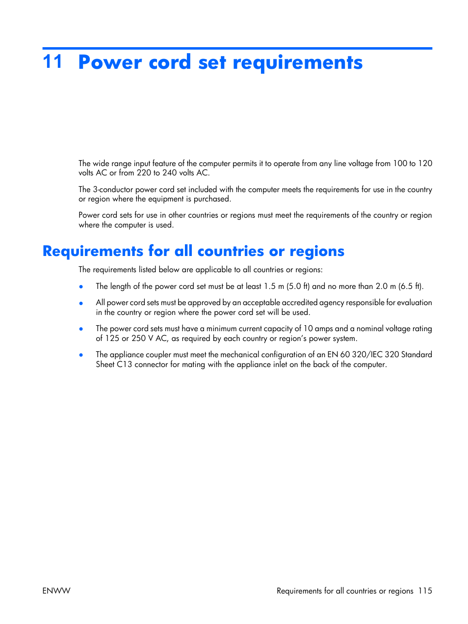 Power cord set requirements, Requirements for all countries or regions, 11 power cord set requirements | HP TX1000 User Manual | Page 119 / 131