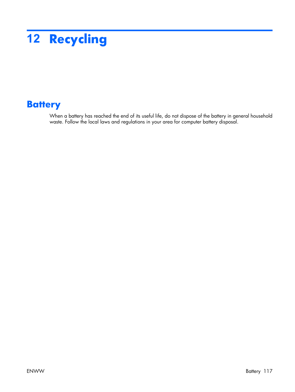 Recycling, Battery, 12 recycling | HP TX1000 User Manual | Page 121 / 131