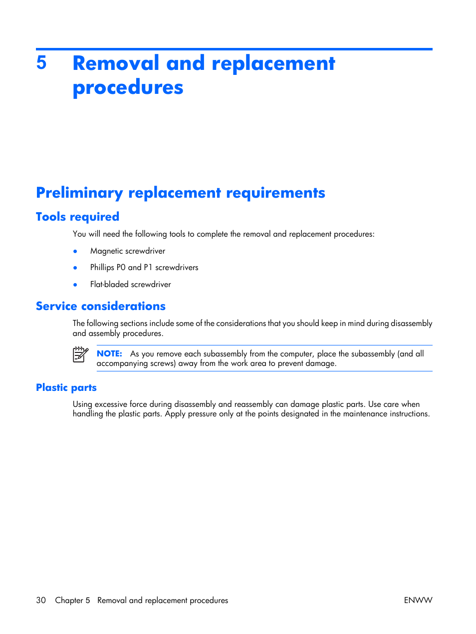 Removal and replacement procedures, Preliminary replacement requirements, Tools required | Service considerations, Plastic parts, 5removal and replacement procedures | HP TX1000 User Manual | Page 35 / 131