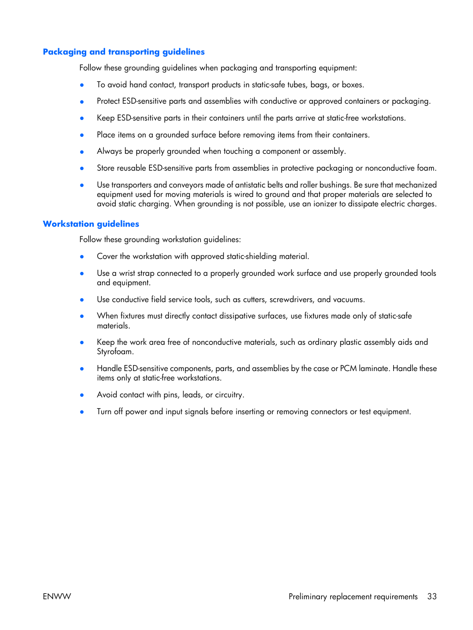 Packaging and transporting guidelines, Workstation guidelines | HP TX1000 User Manual | Page 38 / 131