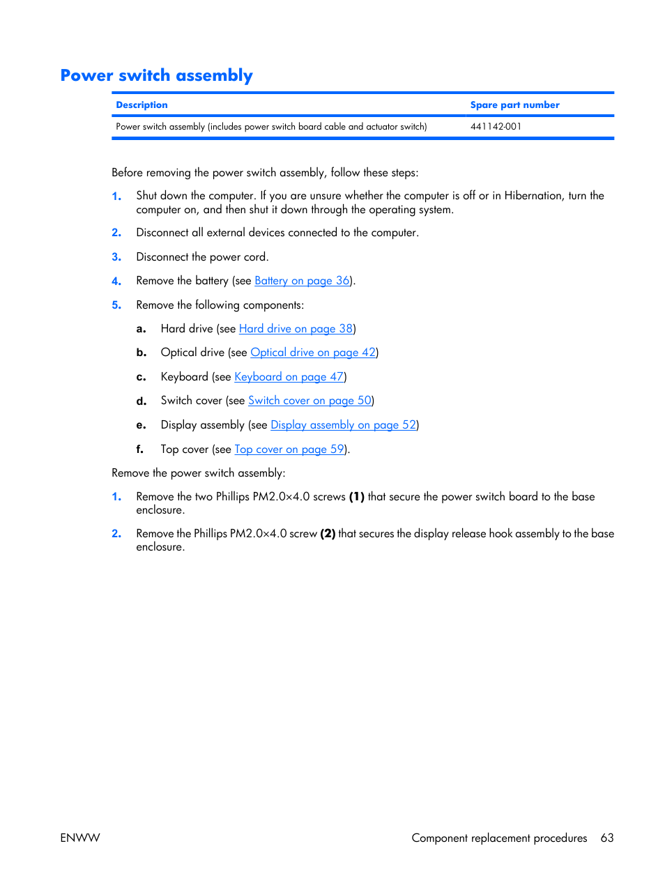 Power switch assembly | HP TX1000 User Manual | Page 68 / 131
