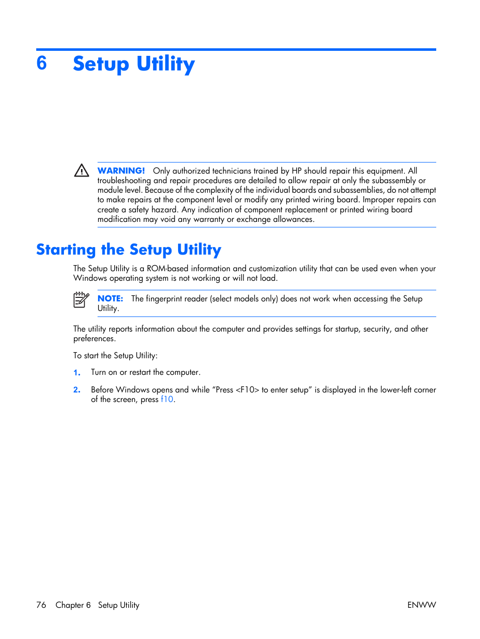 Setup utility, Starting the setup utility, 6setup utility | HP TX1000 User Manual | Page 81 / 131