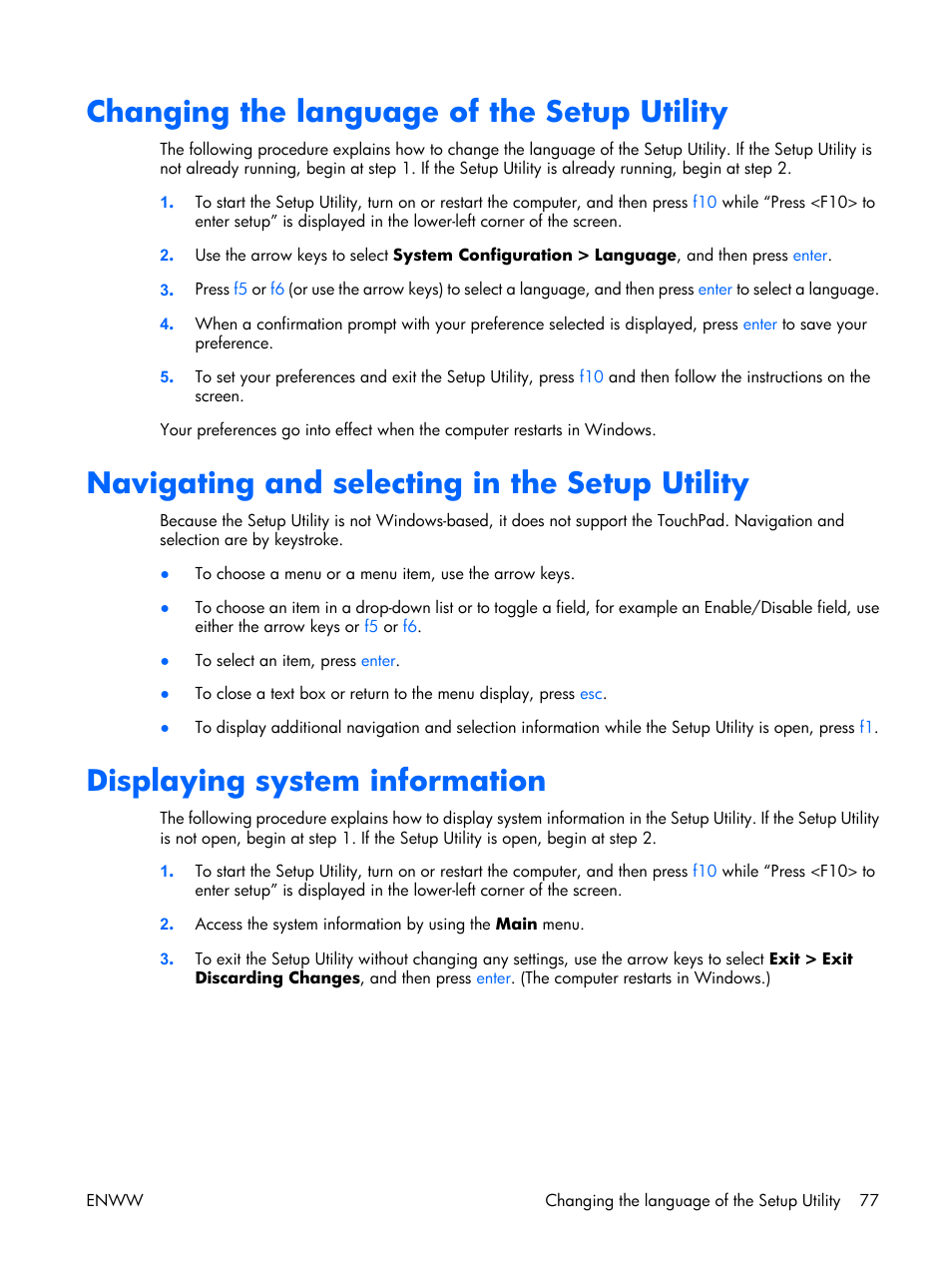 Changing the language of the setup utility, Navigating and selecting in the setup utility, Displaying system information | HP TX1000 User Manual | Page 82 / 131