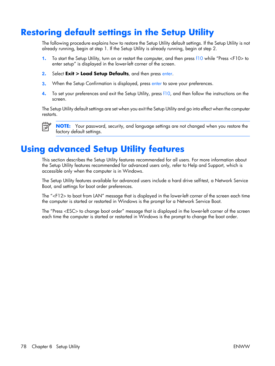 Restoring default settings in the setup utility, Using advanced setup utility features | HP TX1000 User Manual | Page 83 / 131