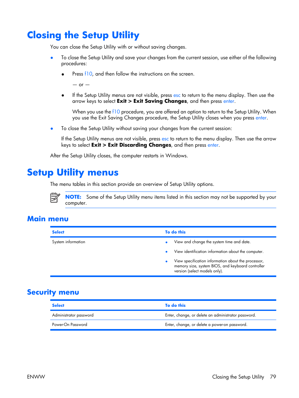 Closing the setup utility, Setup utility menus, Main menu | Security menu | HP TX1000 User Manual | Page 84 / 131