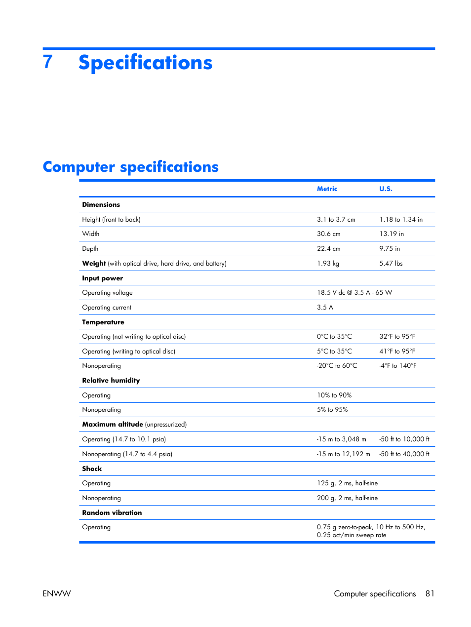 Specifications, Computer specifications, 7specifications | HP TX1000 User Manual | Page 86 / 131