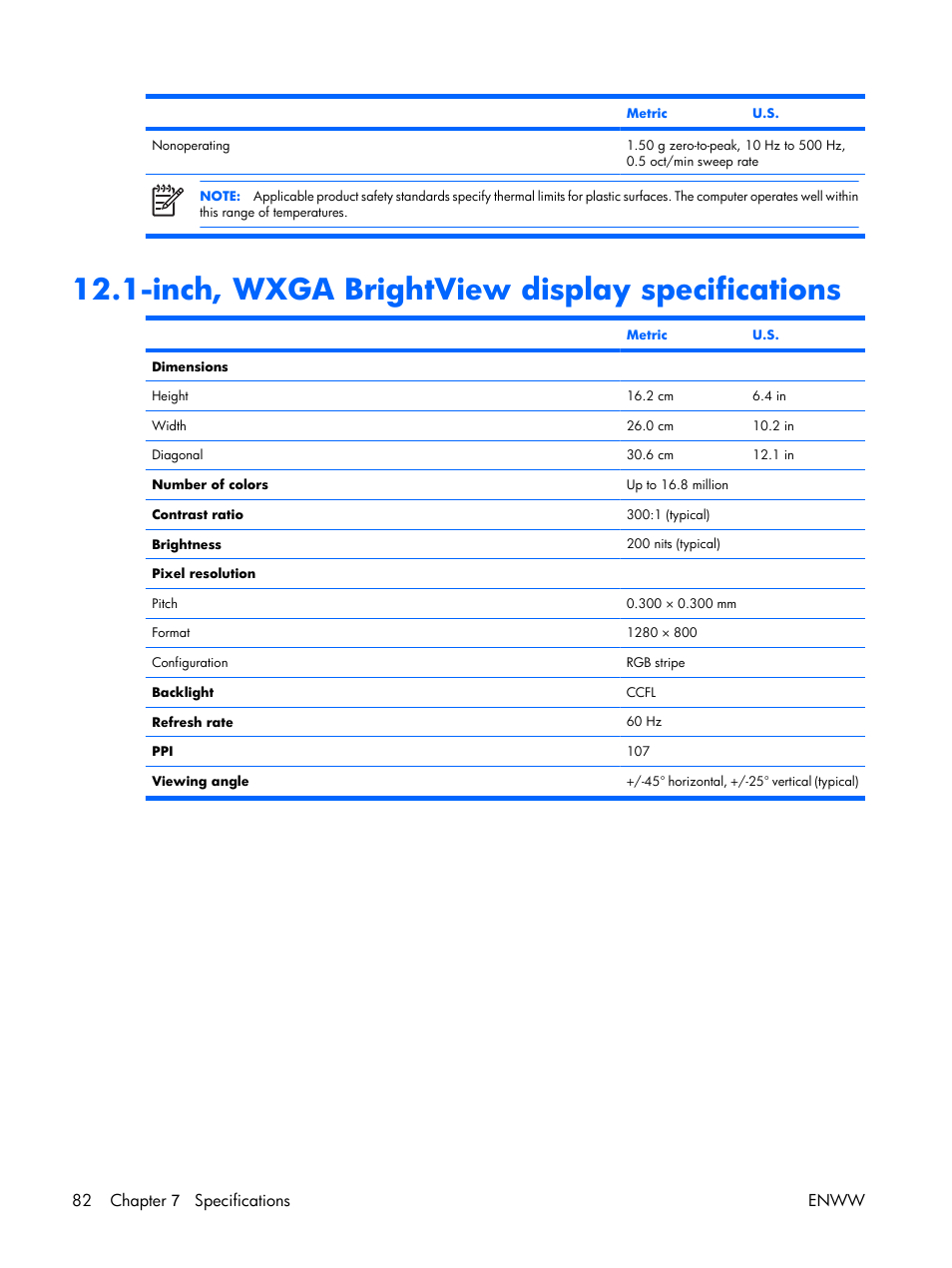 Inch, wxga brightview display specifications, 82 chapter 7 specifications enww | HP TX1000 User Manual | Page 87 / 131