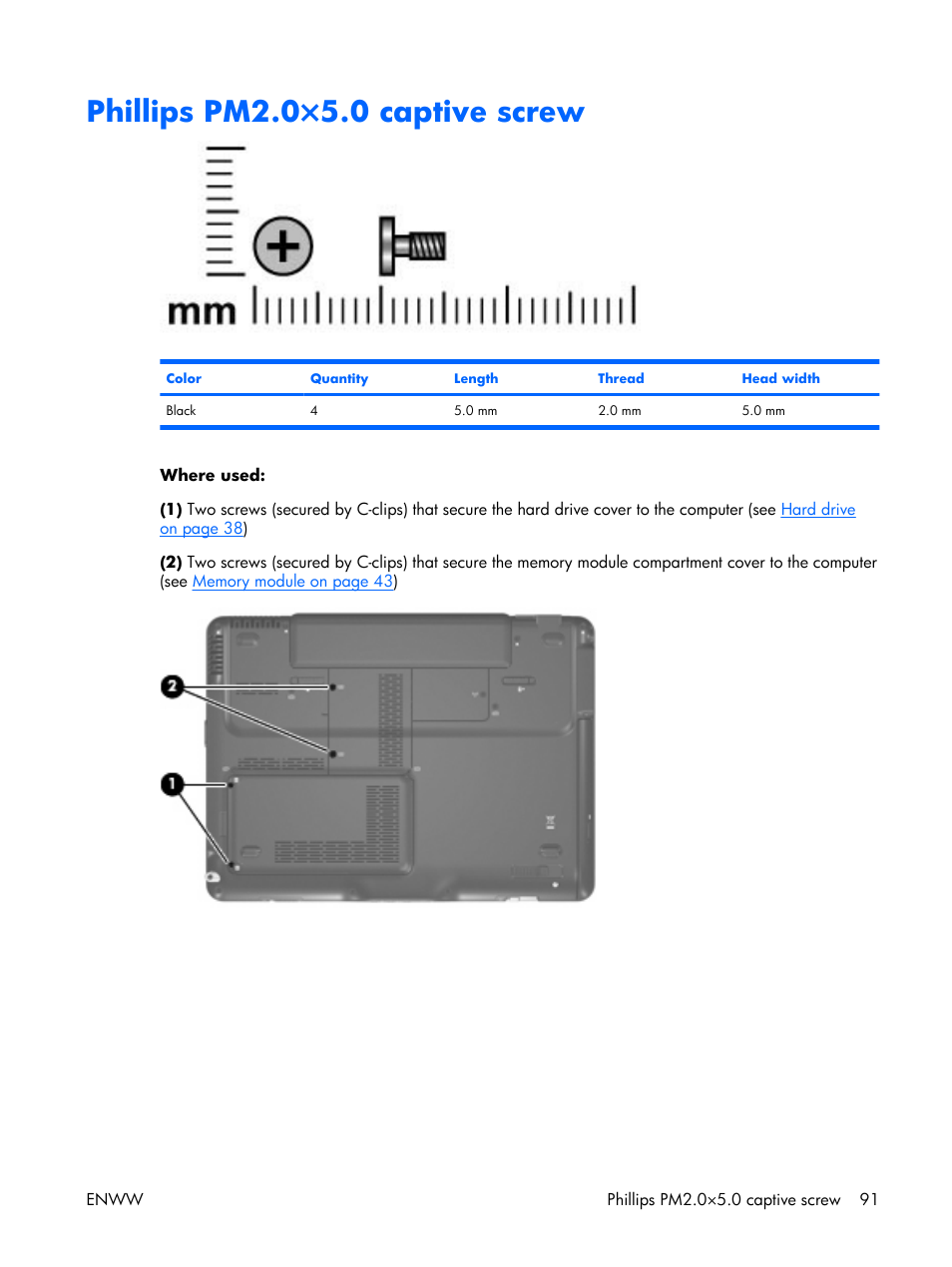 Phillips pm2.0×5.0 captive screw | HP TX1000 User Manual | Page 96 / 131