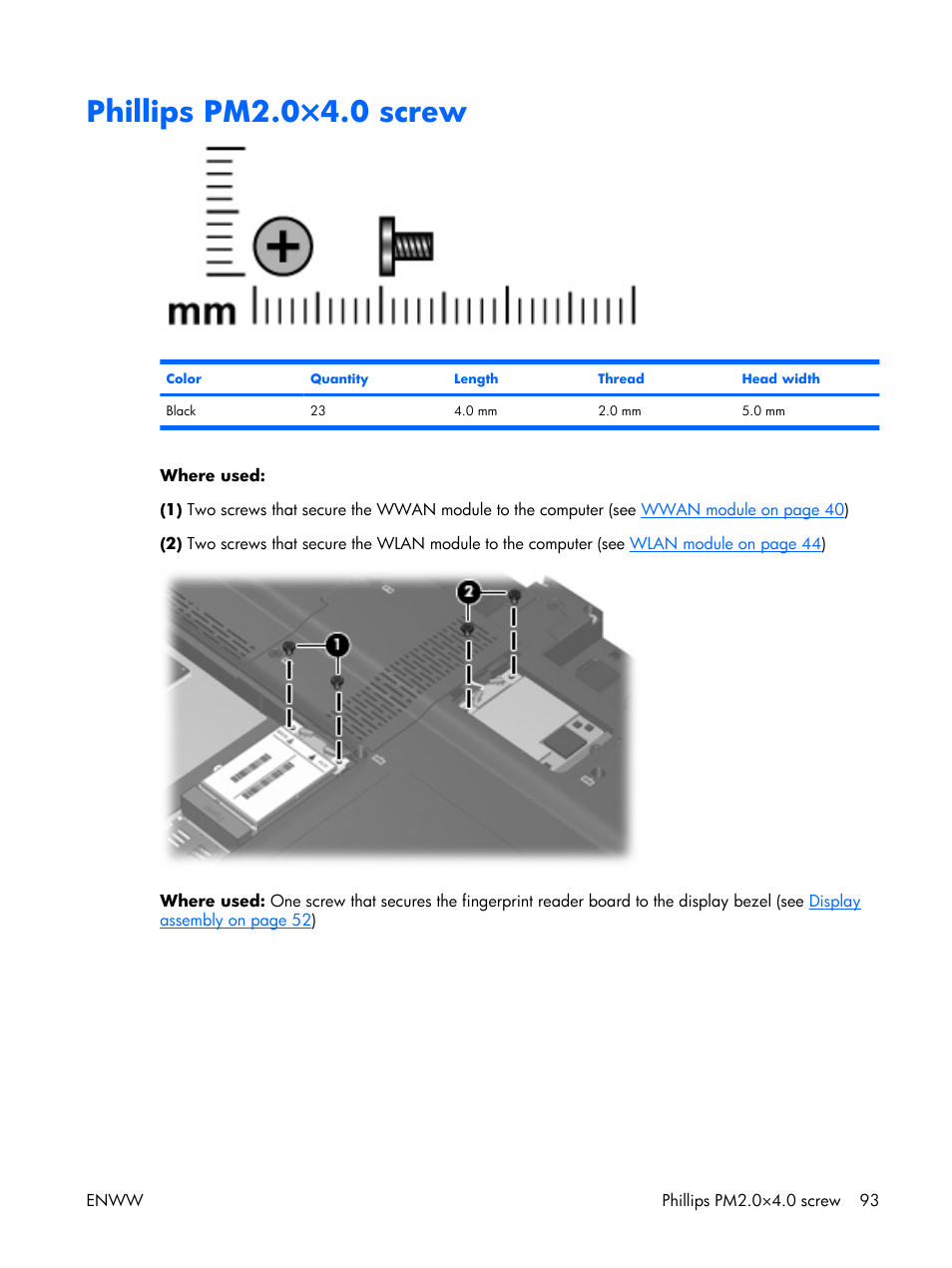 Phillips pm2.0×4.0 screw | HP TX1000 User Manual | Page 98 / 131