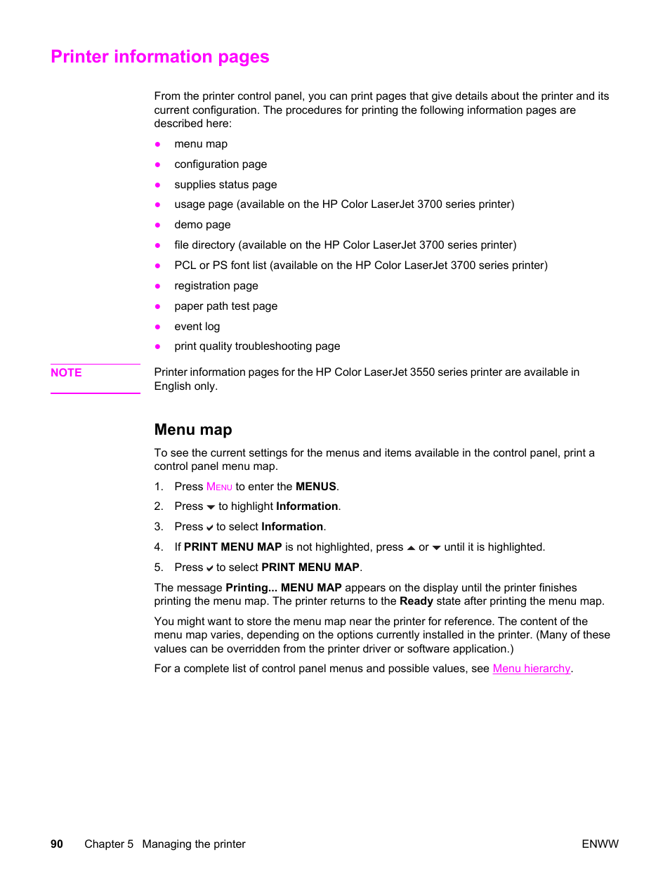 Menu map, Printer information pages | HP 3550 User Manual | Page 102 / 250