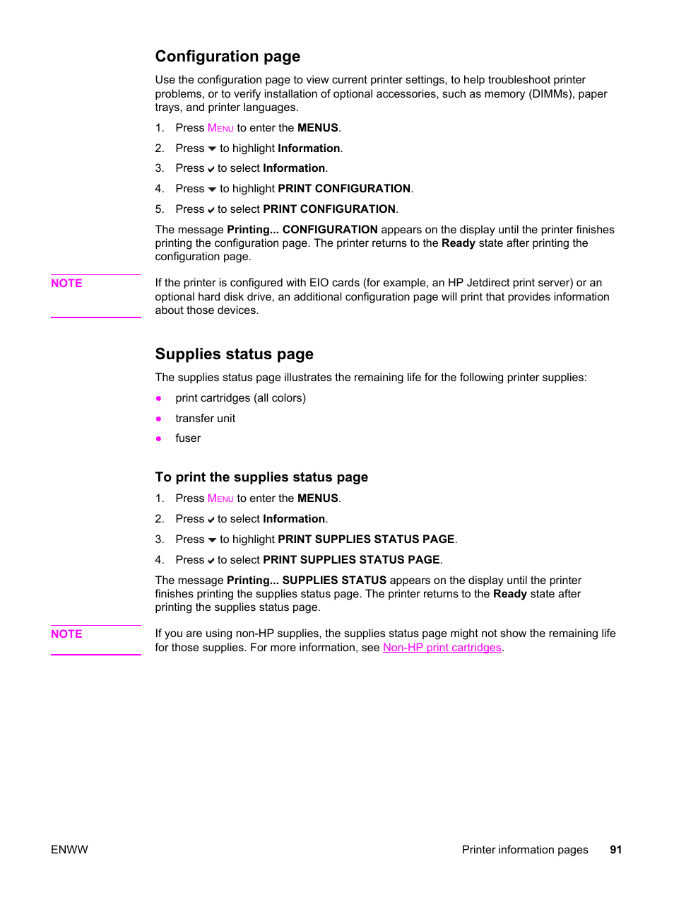 Configuration page, Supplies status page | HP 3550 User Manual | Page 103 / 250