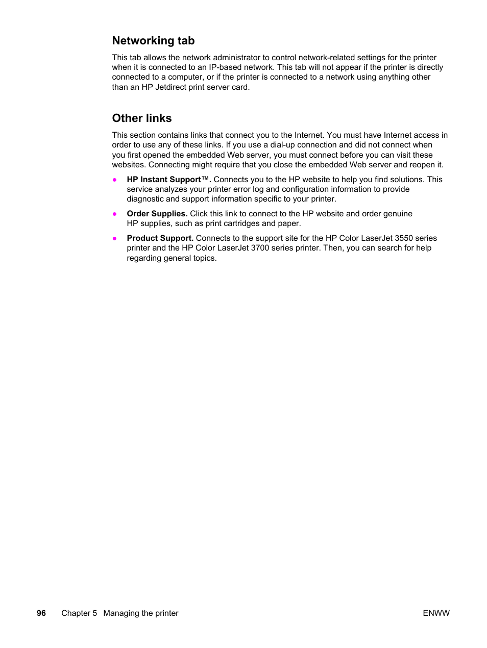 Networking tab, Other links, Networking tab other links | HP 3550 User Manual | Page 108 / 250