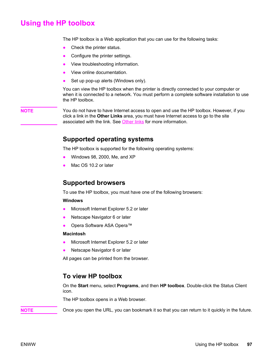 Using the hp toolbox, Supported operating systems, Supported browsers | To view hp toolbox, Using the, Hp toolbox | HP 3550 User Manual | Page 109 / 250