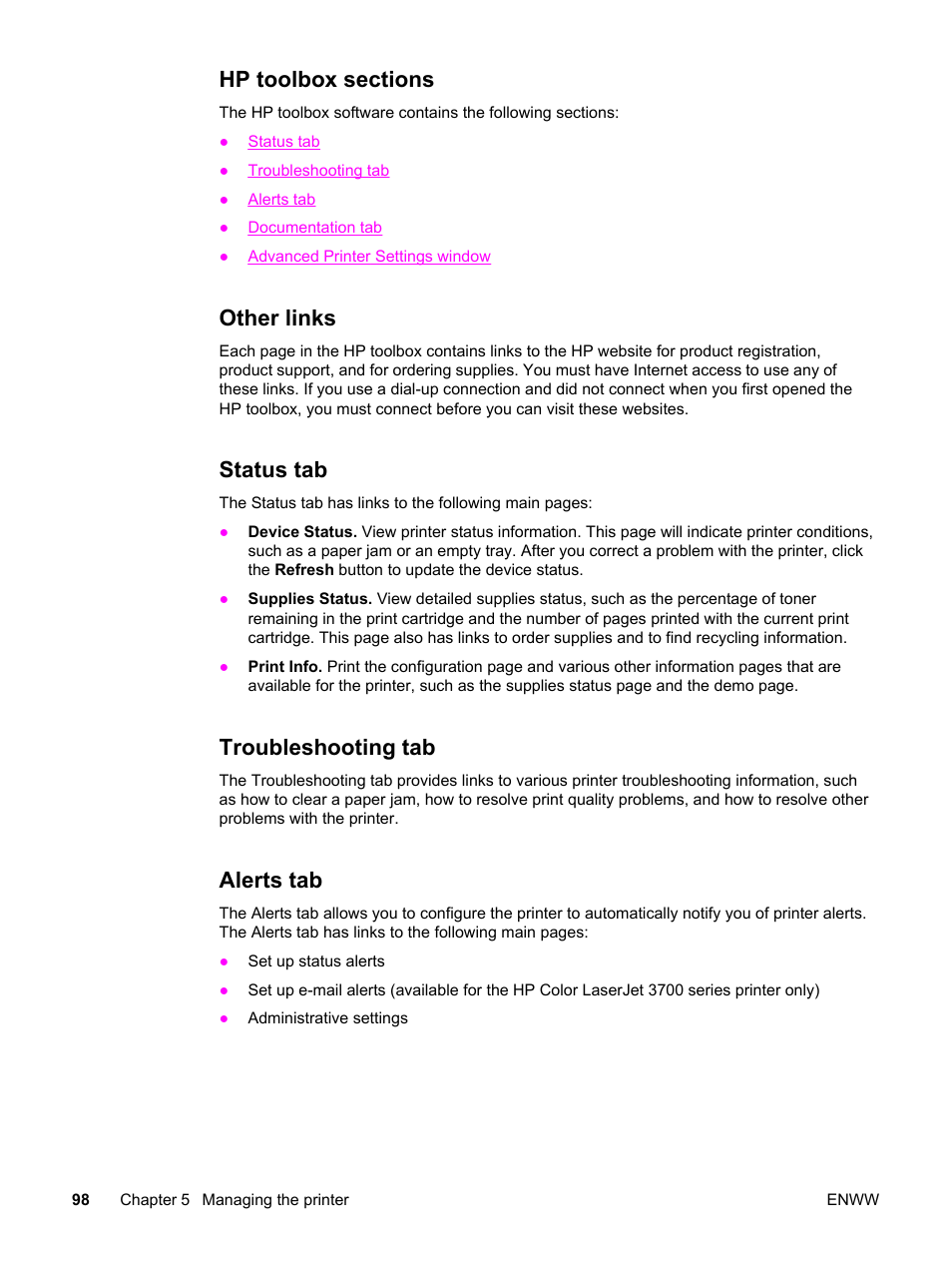 Hp toolbox sections, Other links, Status tab | Troubleshooting tab, Alerts tab | HP 3550 User Manual | Page 110 / 250