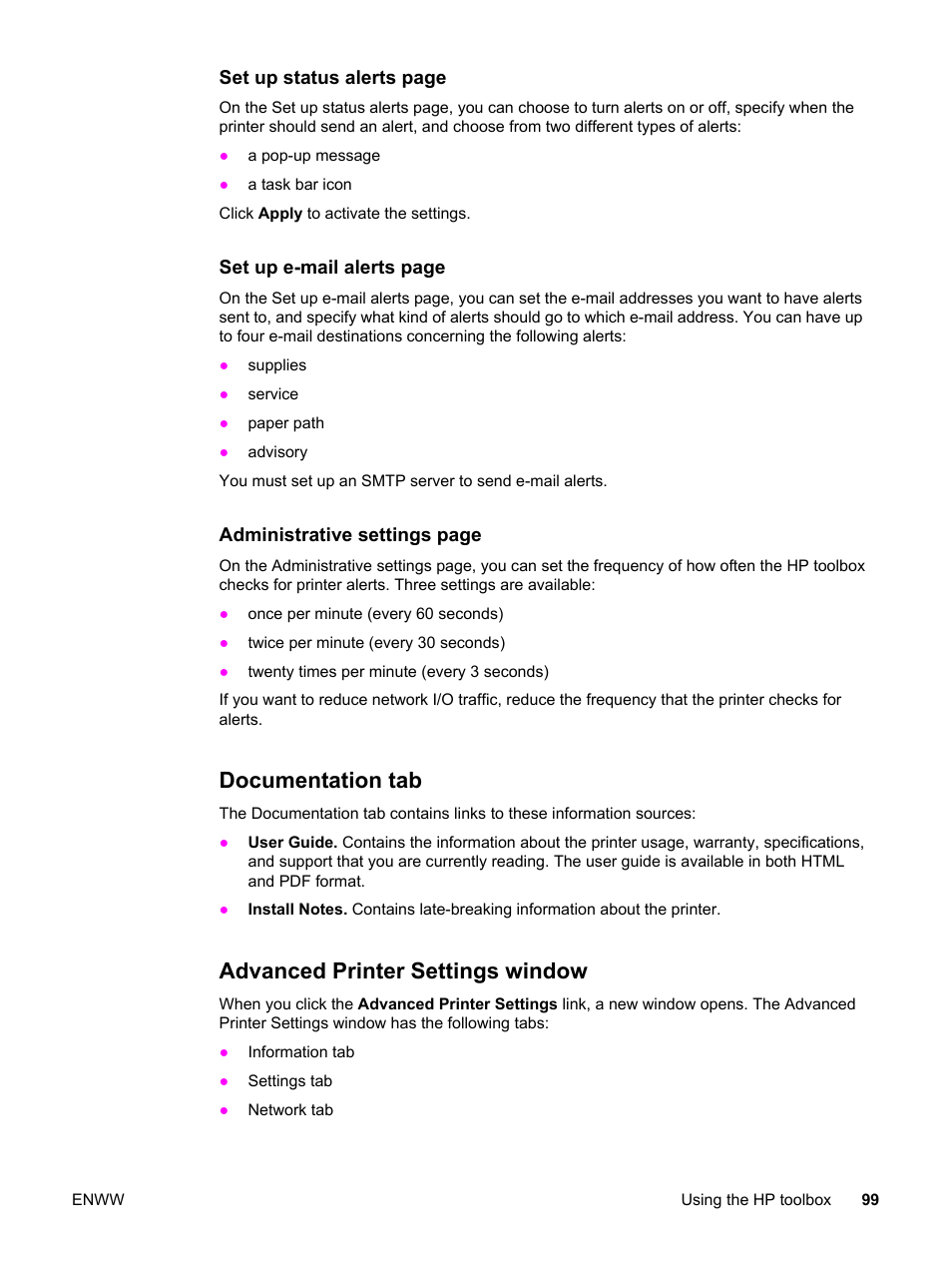 Documentation tab, Advanced printer settings window, Documentation tab advanced printer settings window | HP 3550 User Manual | Page 111 / 250