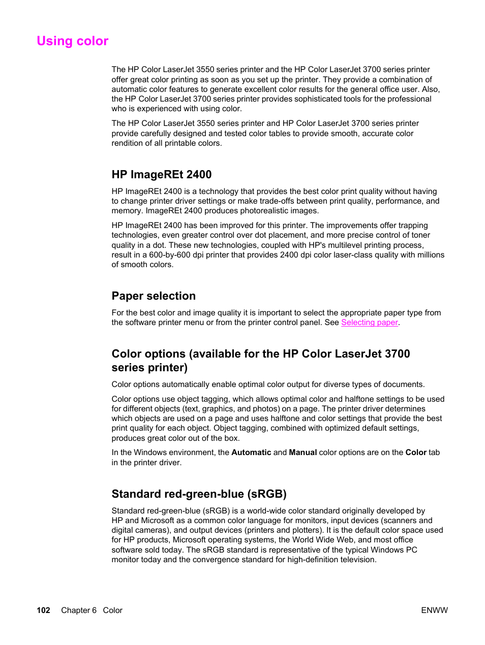 Using color, Hp imageret 2400, Paper selection | Standard red-green-blue (srgb) | HP 3550 User Manual | Page 114 / 250