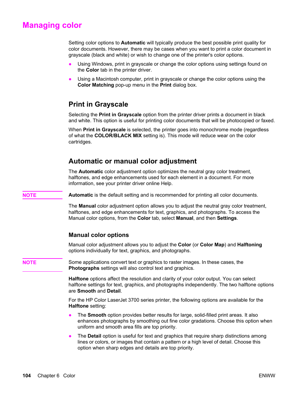 Managing color, Print in grayscale, Automatic or manual color adjustment | HP 3550 User Manual | Page 116 / 250