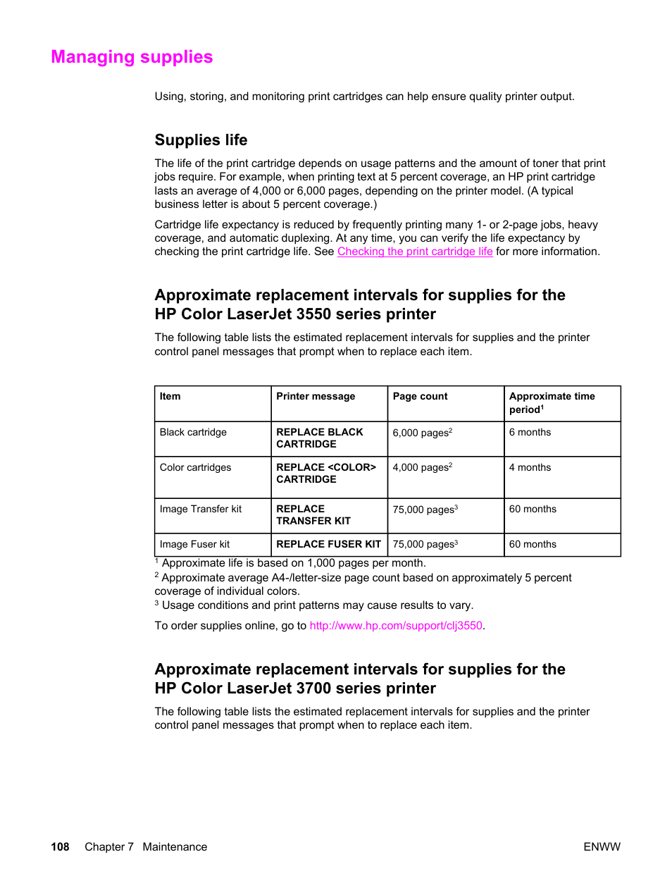 Managing supplies, Supplies life, Series printer | HP 3550 User Manual | Page 120 / 250