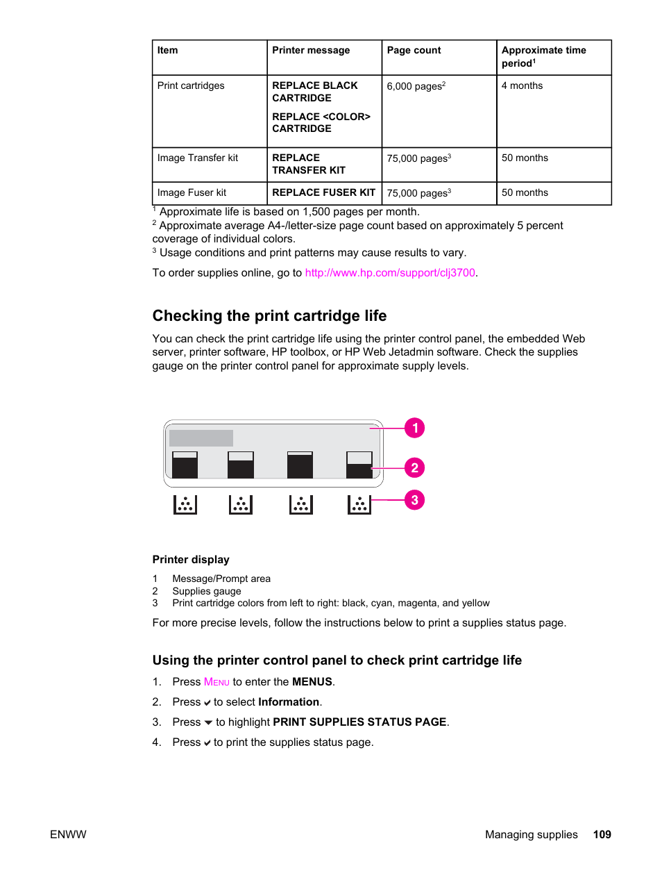 Checking the print cartridge life | HP 3550 User Manual | Page 121 / 250