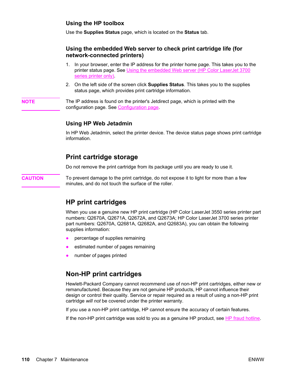 Print cartridge storage, Hp print cartridges, Non-hp print cartridges | HP 3550 User Manual | Page 122 / 250