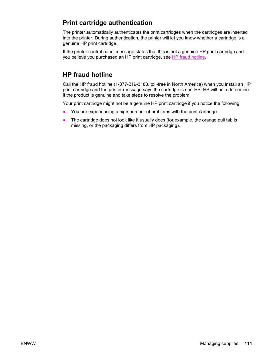 Print cartridge authentication, Hp fraud hotline, Print cartridge authentication hp fraud hotline | HP 3550 User Manual | Page 123 / 250