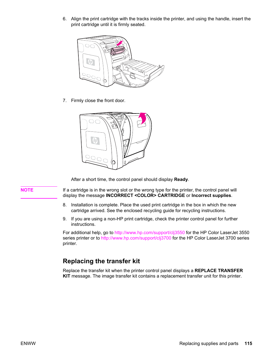 Replacing the transfer kit | HP 3550 User Manual | Page 127 / 250