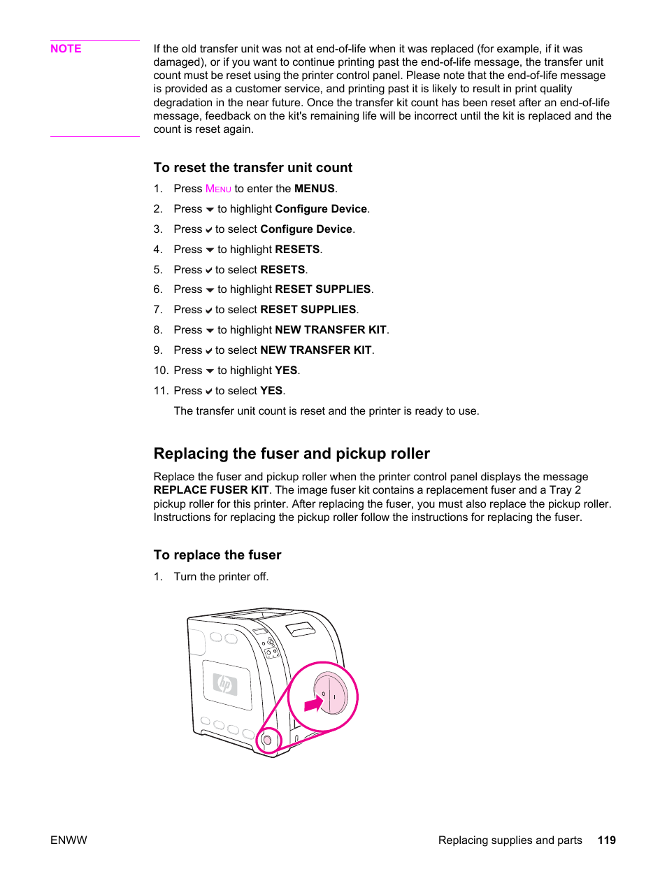 Replacing the fuser and pickup roller | HP 3550 User Manual | Page 131 / 250