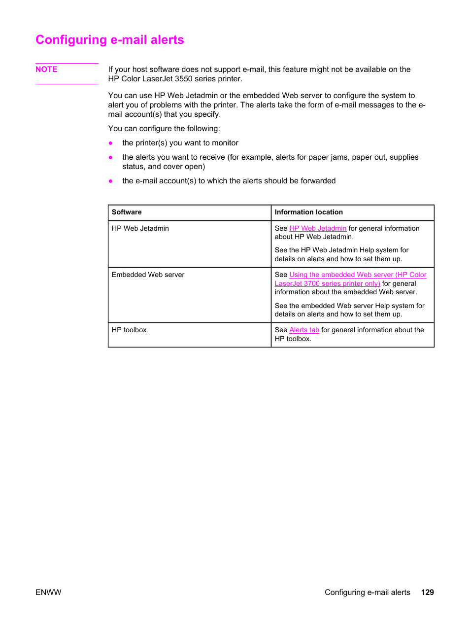 Configuring e-mail alerts | HP 3550 User Manual | Page 141 / 250