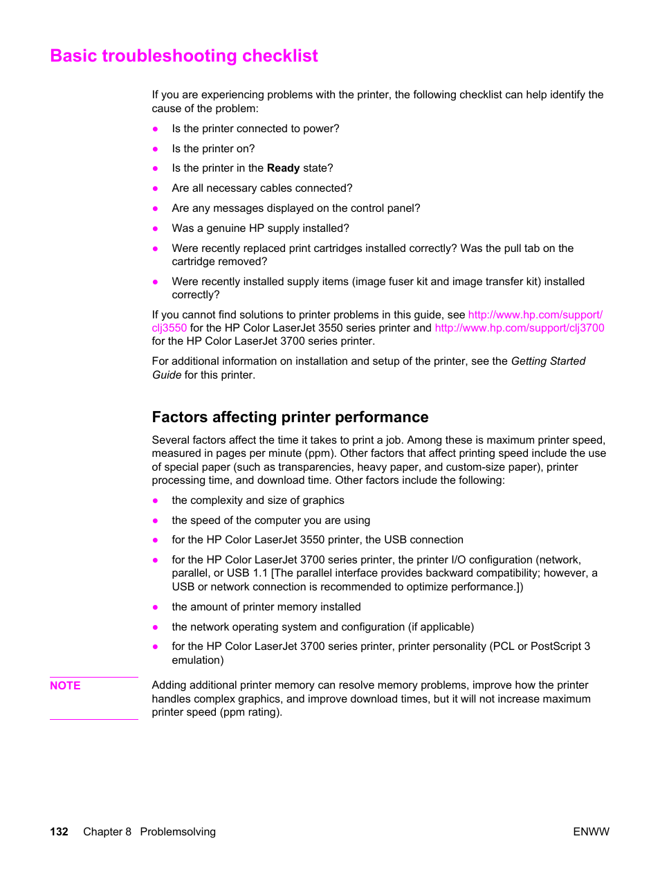 Basic troubleshooting checklist, Factors affecting printer performance, Than this, see | Factors, Affecting printer performance, Less than this, see | HP 3550 User Manual | Page 144 / 250