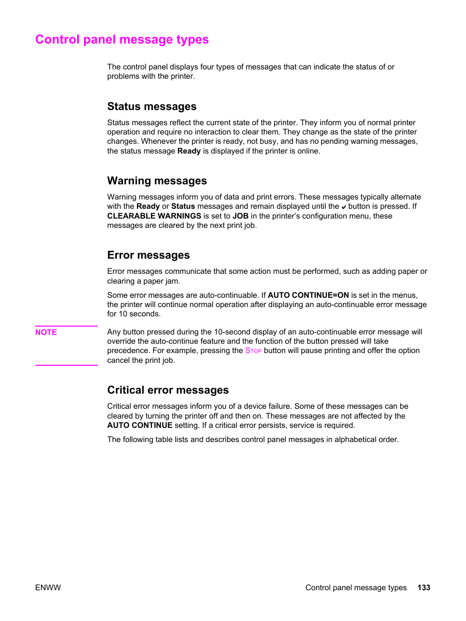 Control panel message types, Status messages, Warning messages | Error messages, Critical error messages | HP 3550 User Manual | Page 145 / 250