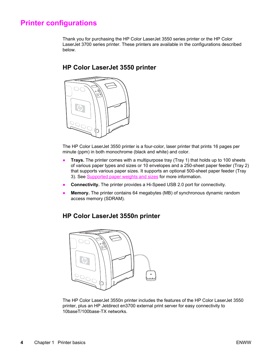 Printer configurations, Hp color laserjet 3550 printer, Hp color laserjet 3550n printer | HP 3550 User Manual | Page 16 / 250