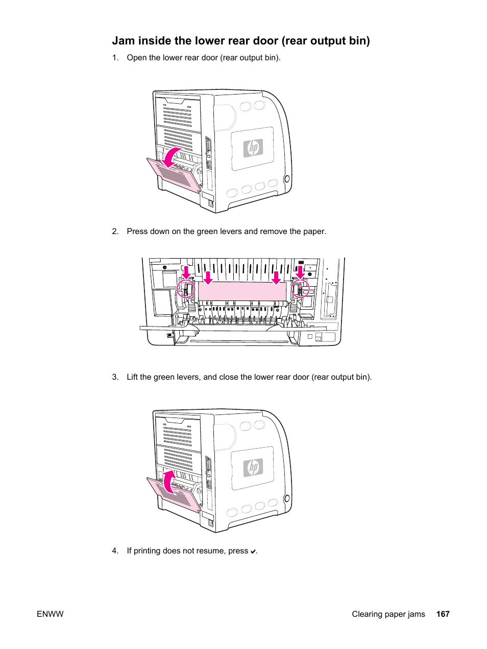 Jam inside the lower rear door (rear output bin) | HP 3550 User Manual | Page 179 / 250