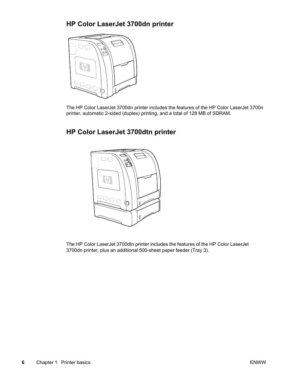 Hp color laserjet 3700dn printer, Hp color laserjet 3700dtn printer | HP 3550 User Manual | Page 18 / 250