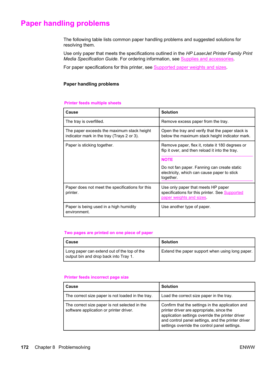 Paper handling problems | HP 3550 User Manual | Page 184 / 250